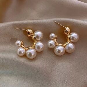 Vintage-Style Gold Pearl Drop Hoops Earrings